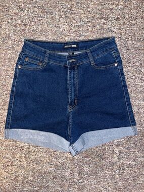 Fashion Nova Dark Blue Cuffed High-Waist Denim Shorts